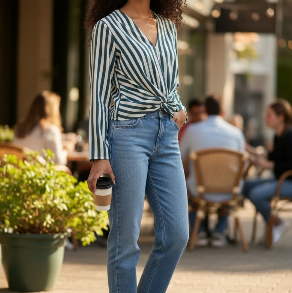 Striped Green and White Women' Blouse